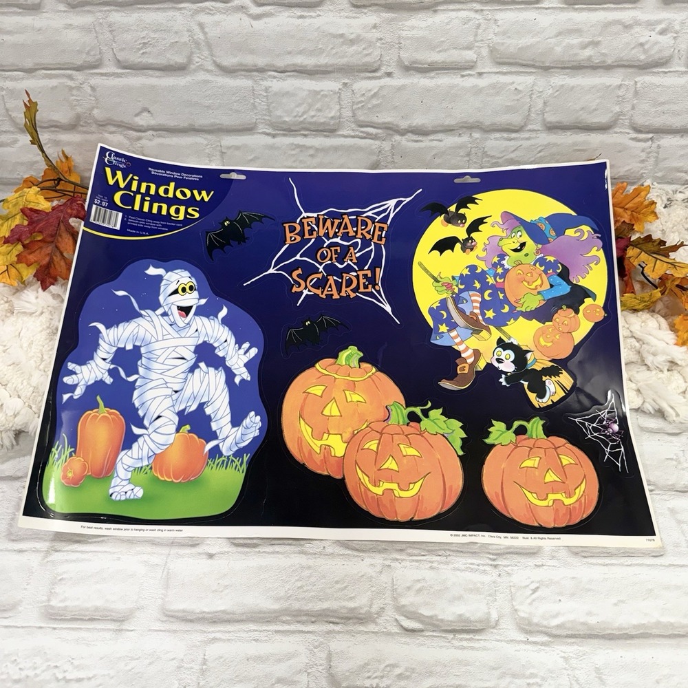Vtg Halloween Window Clings Spooky Mummy Witch Pumpkin Large Nostalgic Décor